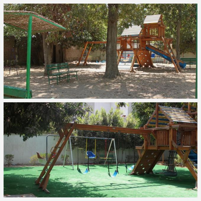 The children’s play area at Abbassia Mental Health Hospital before (top photo) and after (bottom photo) the renovation work was carried out, funded by Save the Children’s emergency response programme.